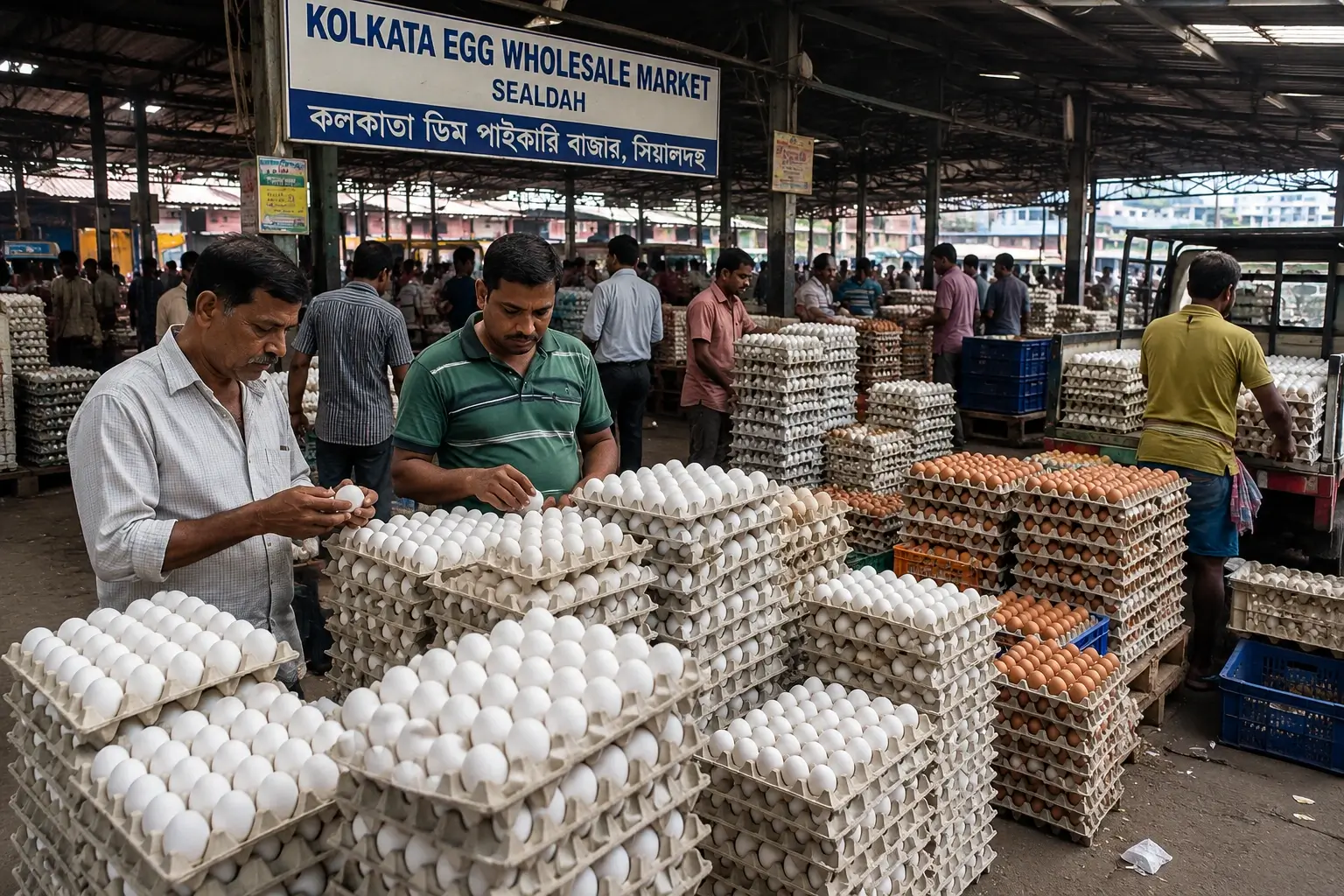 Kolkata wholesale egg market with traders and egg trays