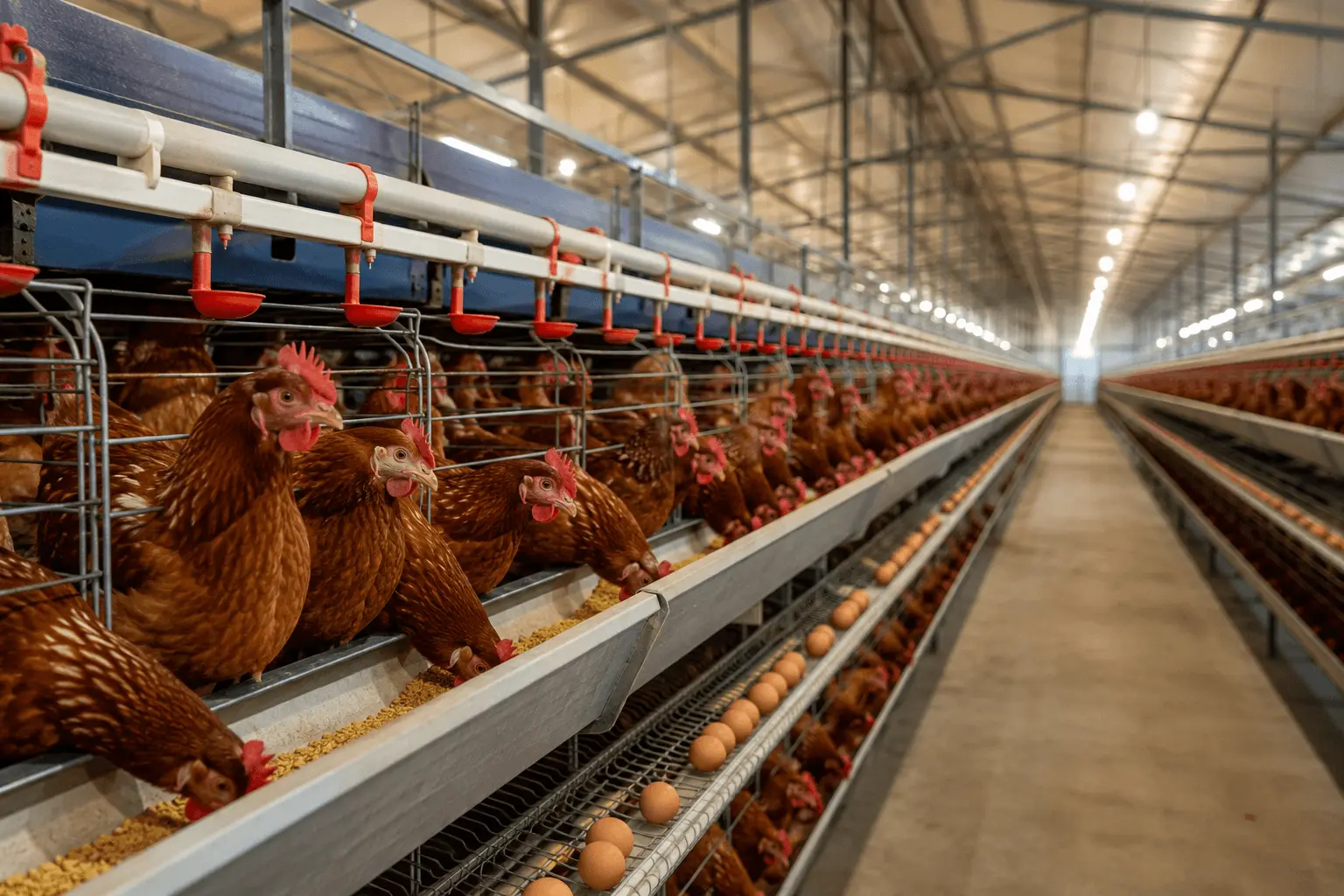 Commercial layer poultry farm with automated feeding systems producing eggs for the Indian wholesale market.
